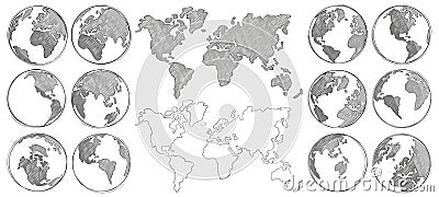 Sketch map. Hand drawn earth globe, drawing world maps and globes sketches isolated vector illustration Vector Illustration