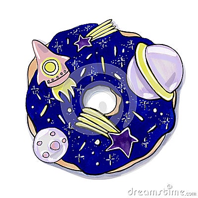 Sketch with markers illustration children`s cartoon style sweet food donut dessert blue color space theme planets and rockets on Cartoon Illustration