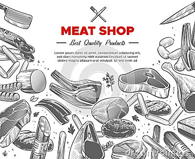 Sketch meat. Hand drawn meat organic products package design, beef and pork, sausage and lamb, ham and chicken, engraved Vector Illustration