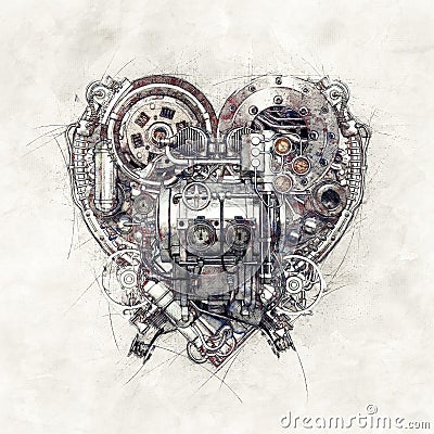 Sketch of a mechanical heart, 3D Illustration Stock Photo