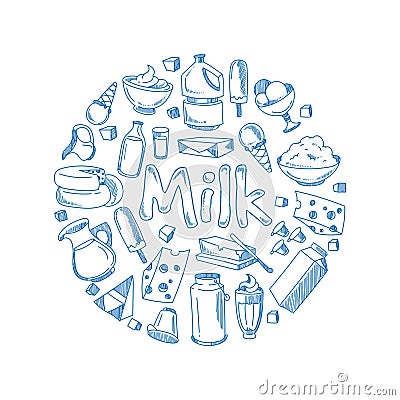 Sketch milk products, farm breakfast vector concept with doodle dairy icons Vector Illustration