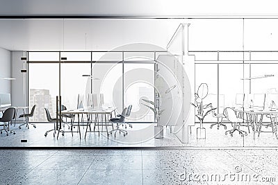Sketch of modern glass office interior with concrete flooring, furniture, window with city view and other objects. Design and Stock Photo