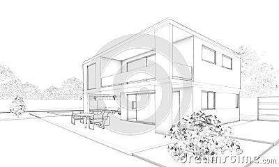 Sketch of modern house - villa, terrace and garden Stock Photo