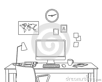 Sketch Modern Home Office Interior. Freelancer Workplace. Vector Illustration