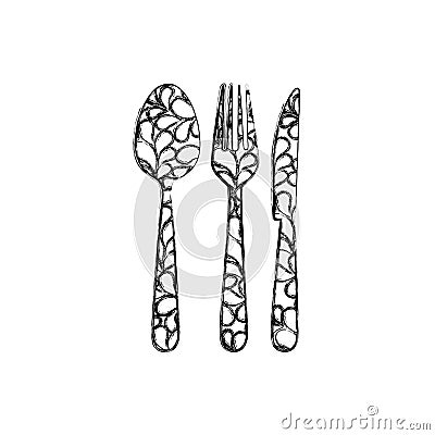 sketch of monochrome contour of kitchen cutlery with decorative leaves Cartoon Illustration