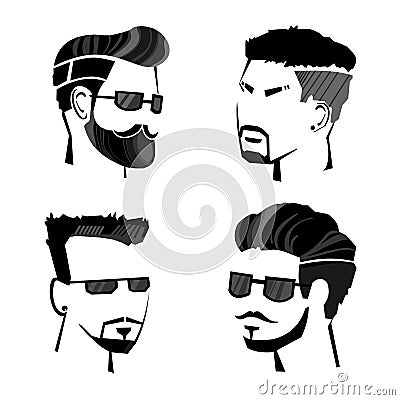Sketch Monochrome Male Hipster Faces Set Vector Illustration