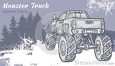 Sketch Monster Truck on the graphic forest landscape. Vector Illustration