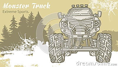 Sketch Monster Truck on the graphic forest landscape. Retro vector illustration. Extreme Sports. Adventure, travel Vector Illustration