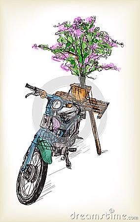 Sketch of motorbike classic with followers in Hanoi, free hand Cartoon Illustration