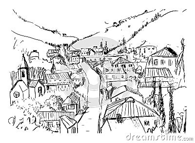 Sketch of mountain landscape with Georgian town hand drawn in black and white colors. Beautiful monochrome drawing with Vector Illustration