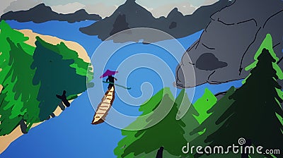 Sketch Of mountain side river, and man with boat, and trees on landscapes background. Stock Photo