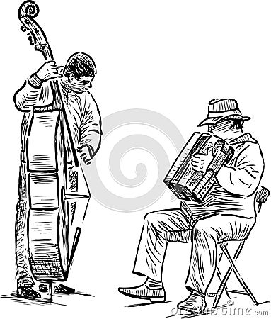 Sketch of musicians duet playing on accordion and double bass Vector Illustration