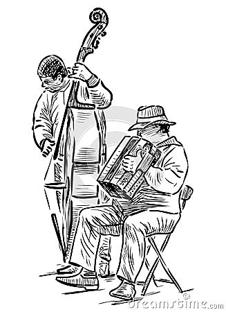 Sketch of musicians duet playing on double bass and accordion Vector Illustration