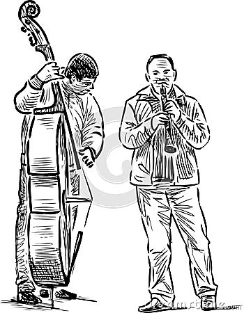 Sketch of musicians duet playing on oboy and double bass Vector Illustration