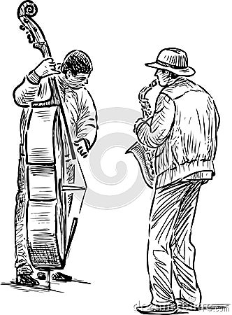 Sketch of musicians duet playing on saxophone and double bass Vector Illustration