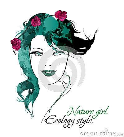 Sketch. Nature girl. Ecology style. Vector Illustration