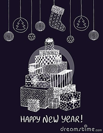 Sketch of New Year presents and gifts in shape of Christmas Tree. Vector hand drawn doodle for holiday design, postcard Vector Illustration