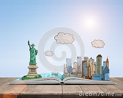 Sketch New York City and the Statue of Liberty over open book Stock Photo