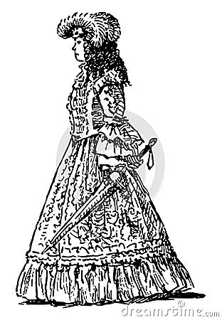 Sketch of noble lady with umbrella in luxury costume of 18th century Vector Illustration
