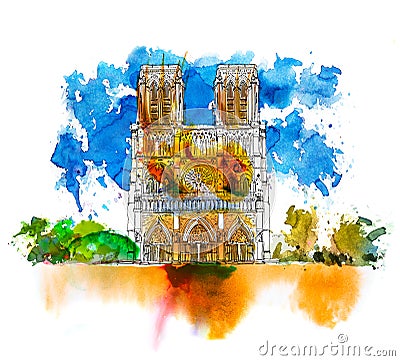 Sketch of Notre dame de Paris. Sketch with colourful water colour effects. Italy Stock Photo