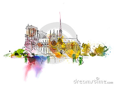 Sketch of Notre dame de Paris. Sketch with colourful water colour effects. Italy Stock Photo