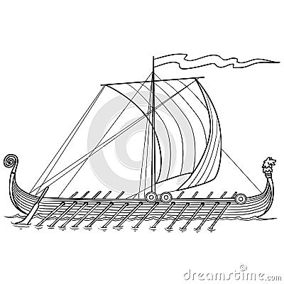 sketch of an old boat with oars, coloring, isolated object on white background, vector illustration Vector Illustration