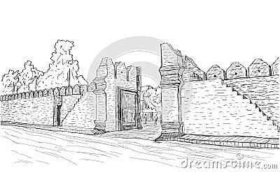 Sketch of old gate Tha Phae gate in Thailand, Chiangmai Vector Illustration