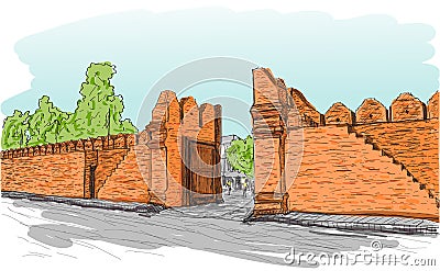 Sketch of old gate Tha Phae gate in Thailand, Chiangmai Vector Illustration