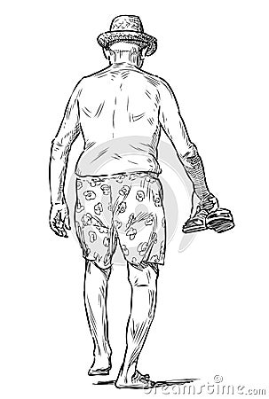 Sketch of old man in hat sunbathing and walking barefoot on beach Vector Illustration