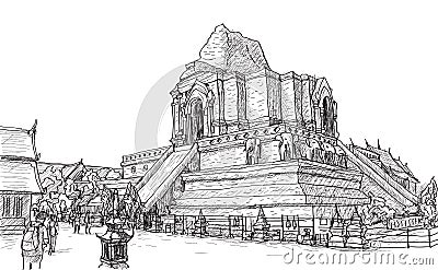 sketch old temple pagoda Wat-Ja-Dee-Luang in Thailand, Chiangmai, free hand draw vector illustration Vector Illustration