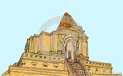 sketch old temple pagoda Wat-Ja-Dee-Luang in Thailand, Chiangmai, free hand draw vector illustration Vector Illustration