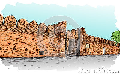 Sketch of old wall gate Tha Phae gate in Thailand, Chiangmai Vector Illustration