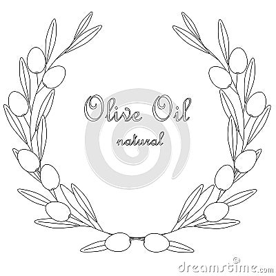Sketch Olive Oil label, olive branch wreath with leafs and fruits on white Vector Illustration
