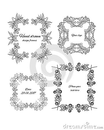 Sketch Ornamental Floral Design Frames Set Vector Illustration