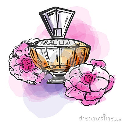 Sketch outline bottle of female perfume with flowers and colorful spots. Vector hand drawn illustration Vector Illustration