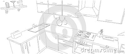 Sketch outline drawing of 3d modern corner kitchen interior black and white Cartoon Illustration
