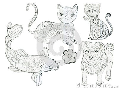 Sketch outline etnic coloring book cat dog fish art Russian moscow east folk elements pencil Stock Photo