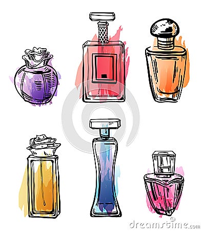 Sketch outline set of female perfumes bottles with color spots. Vector hand drawn illustration Vector Illustration