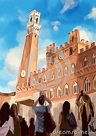 Sketch of Palazzo Pubblico and Torre del Mangia in Italy. Watercolor digital illustration. Italian architecture Cartoon Illustration