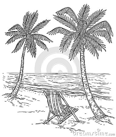 Sketch palm tree landscape. Tropical palm beach, exotic trees and sea waves. Vintage hand drawing vector relaxing summer Vector Illustration