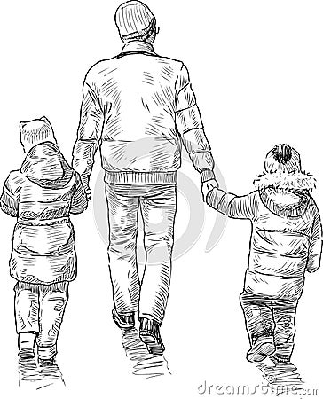 Sketch of parent with his little children going for a stroll Vector Illustration