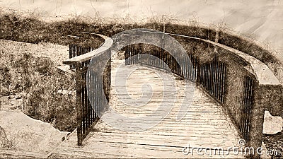 Sketch of a Park Walkway Bordered on Each Side by Railing Stock Photo