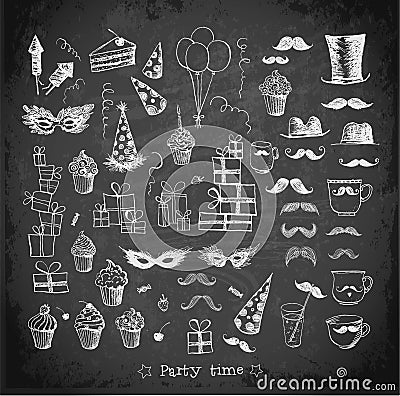 Sketch party objects hand-drawn on blackboard Vector Illustration