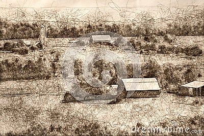 Sketch of the Peaceful Farmlands on a Summer Morning Stock Photo