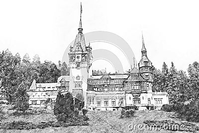 Sketch Of Peles Castle In Carpathian Mountains Stock Photo