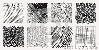 Sketch pencil texture set. Pen hatch effect, black scribble chalk, grunge freehand vector. Handmade pencil lines Vector Illustration