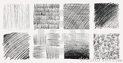 Sketch pencil texture set. Pen hatch effect, black scribble chalk, grunge freehand vector. Handmade pencil lines Vector Illustration