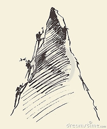 Sketch people climbing mountain peak vector. Vector Illustration