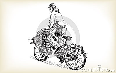 Sketch of people who is bicycle messenger with cargo bike riding Vector Illustration