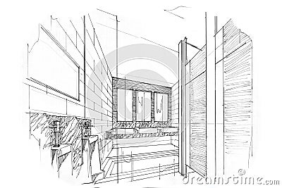 Sketch perspective interior toilet & bathroom , black and white interior design. Stock Photo